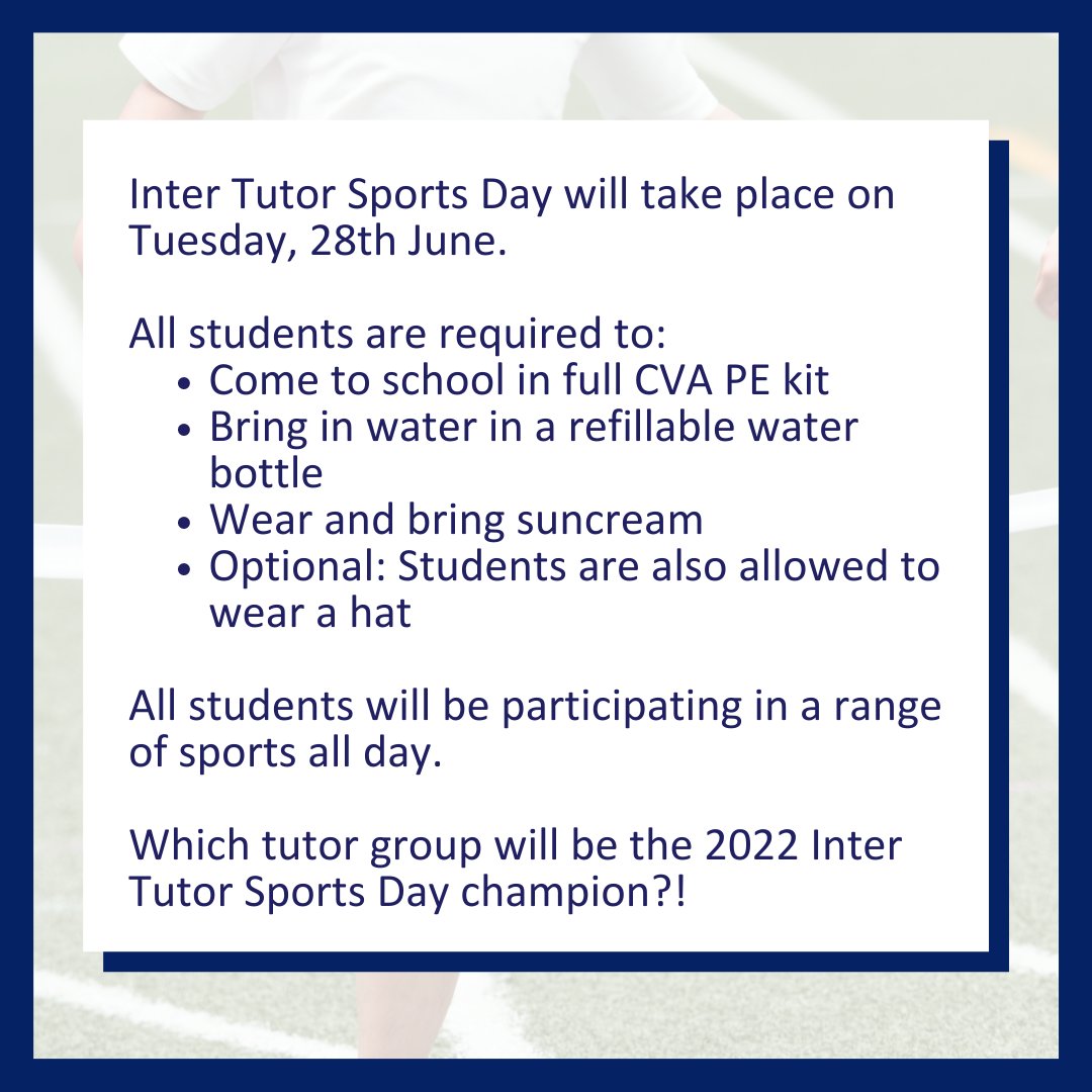 Inter Tutor Sports Day will take place on Tuesday, 28th June. See the graphic for more information.

#cvaproud