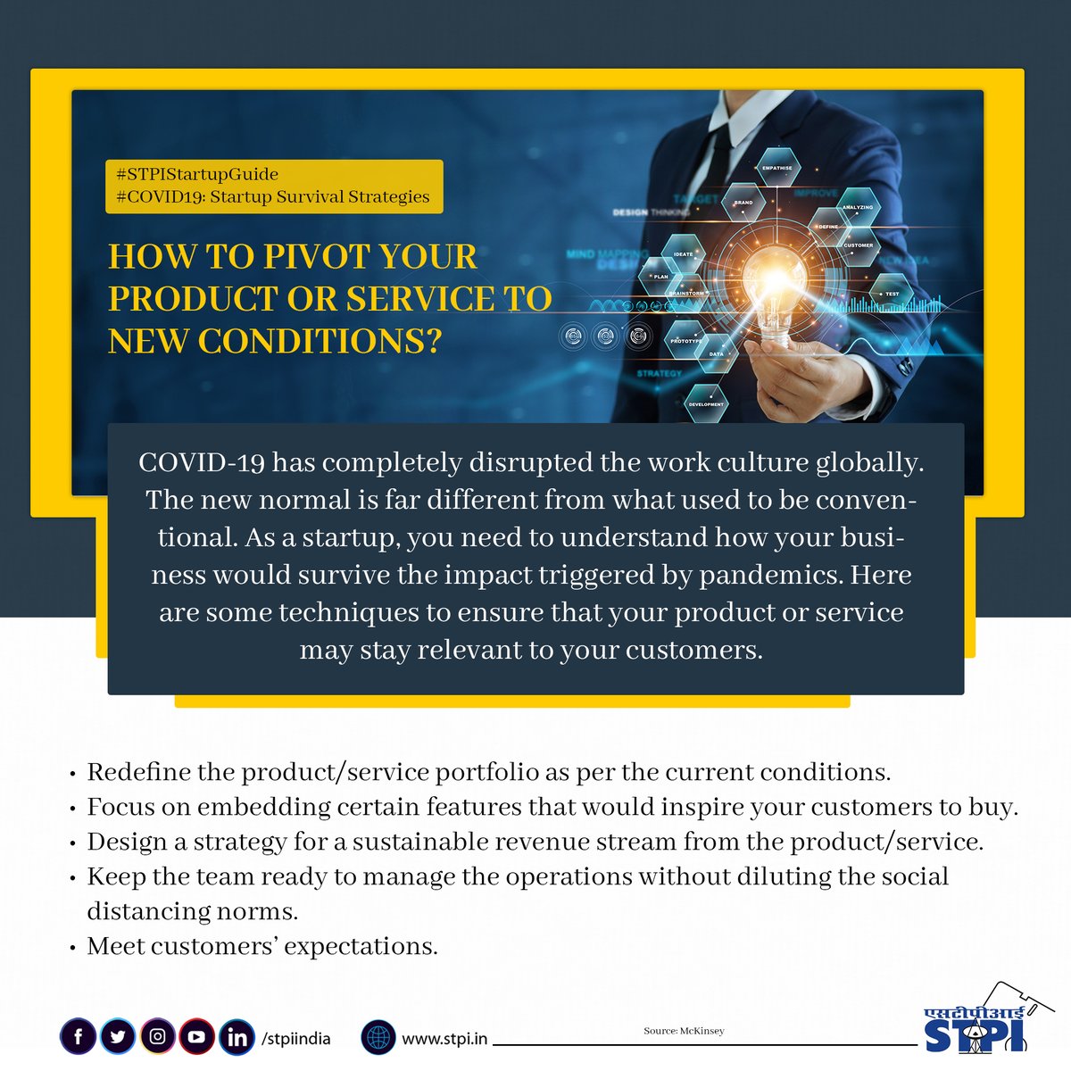 stpiindia's tweet image. Pivoting a product or service based on the prevailing scenario is the best way to survive the crisis triggered by the pandemic. Here are 5 strategies that you can adopt to not only sustain the growth of your business but also overcome the crisis. #STPIINDIA #STPIStartupGuide