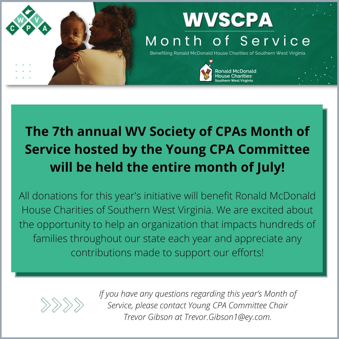 WVSCPA's tweet photo. July is the WV CPA Month of Service benefitting the Ronald McDonald House of Southern West Virginia! To donate, visit https://t.co/w9HRG3eSU8. https://t.co/NnazYNjnYN