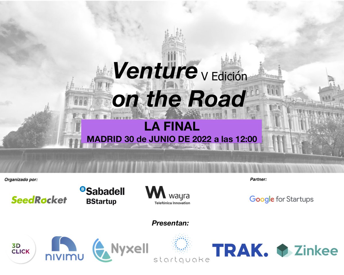 TZIR_'s tweet photo. #VentureOnTheRoad celebra su final el 30 de junio en Madrid. Mucha suerte a la #startup de #Zaragoza @nyxellapp @zinkee_business #Startquake @3dclickclick @trakphysio @NivimuApp. Puedes inscribirte en: https://t.co/R0QhTiiEyb
Organiza: @seedrocket @BStartup @WayraES https://t.co/5BtL9M0kTq