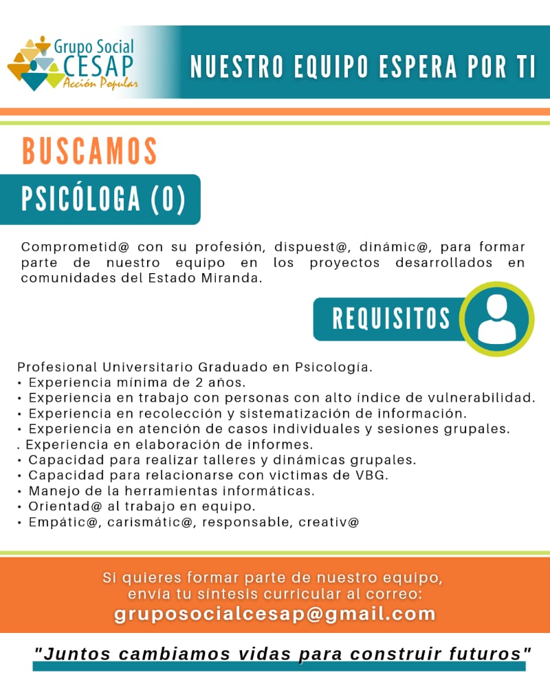 CESAP_AC's tweet photo. Nuestro equipo sigue creciendo y queremos que tú formes parte de el 🙌🏼

¡Postúlate! ✅

Envía tu Cv a nuestro correo: gruposocialcesap@gmaill.com 

#SomosCesap #Empleos #EmpleosVenezuela #23Junio https://t.co/mgl8X1nIY1
