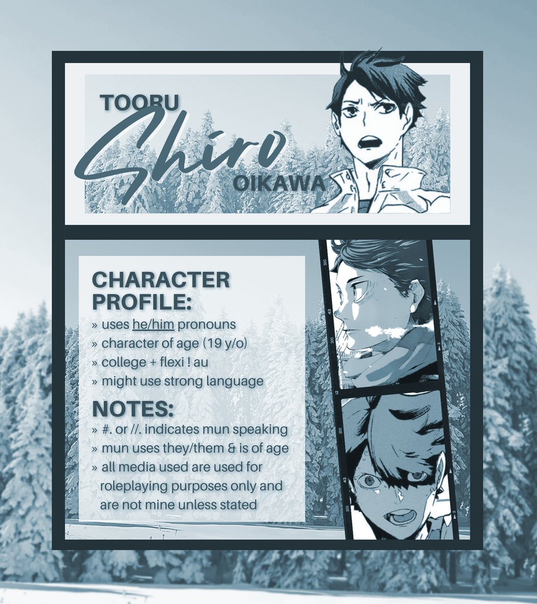 ⠀
⠀
⠀⠀⠀⠀       #%! RESTARTiNG 

⠀⠀⠀  TOORU⠀"SHiRO"⠀OiKAWA
⠀⠀⠀     new to #hqrp and #anirp
⠀⠀      « like or rt to be mutuals »
⠀
⠀