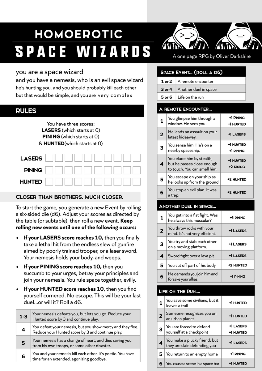 deathbybadger's tweet photo. had to get the smell of leather and lasers out of my head
so it's now everyone else's problem
I present
HOMOEROTIC SPACE WIZARDS, the one page RPG https://t.co/RoumNTbIDD