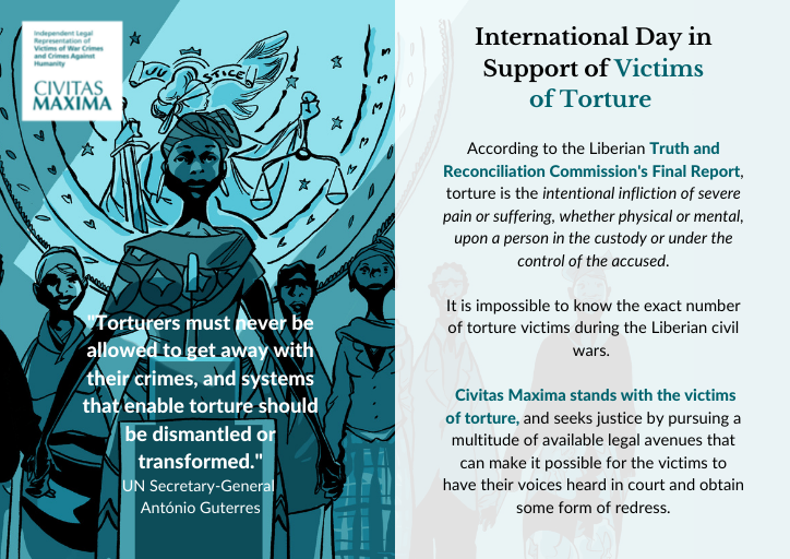 Civitas_Maxima's tweet photo. June 26 is the International Day in Support of #Victims of Torture.
During both Liberian Civil Wars, all parties have committed grave human right abuses against civilians.
CM stands with the victims of torture in their quest for justice ⚖️
#StopTortureEndImpunity #IDSVT https://t.co/q2Pgh7Vooa