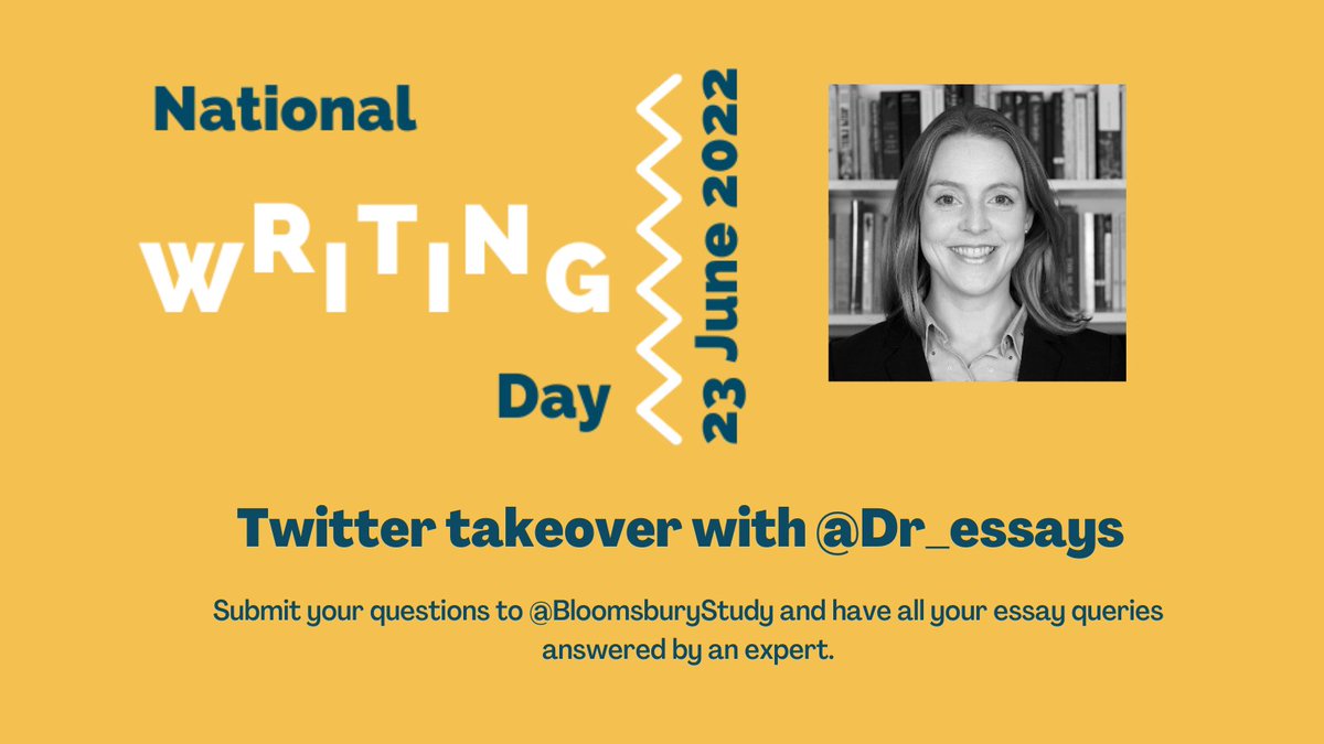 BloomsburyStudy's tweet photo. Our Twitter takeover with @Dr_Essays for #NationalWritingDay kicks off in just 1 hour! You can still pose your questions to Ursula or turn on notifications so you don't miss any of the award-winning advice! ⌛🔔 https://t.co/k4XrtkUsHT