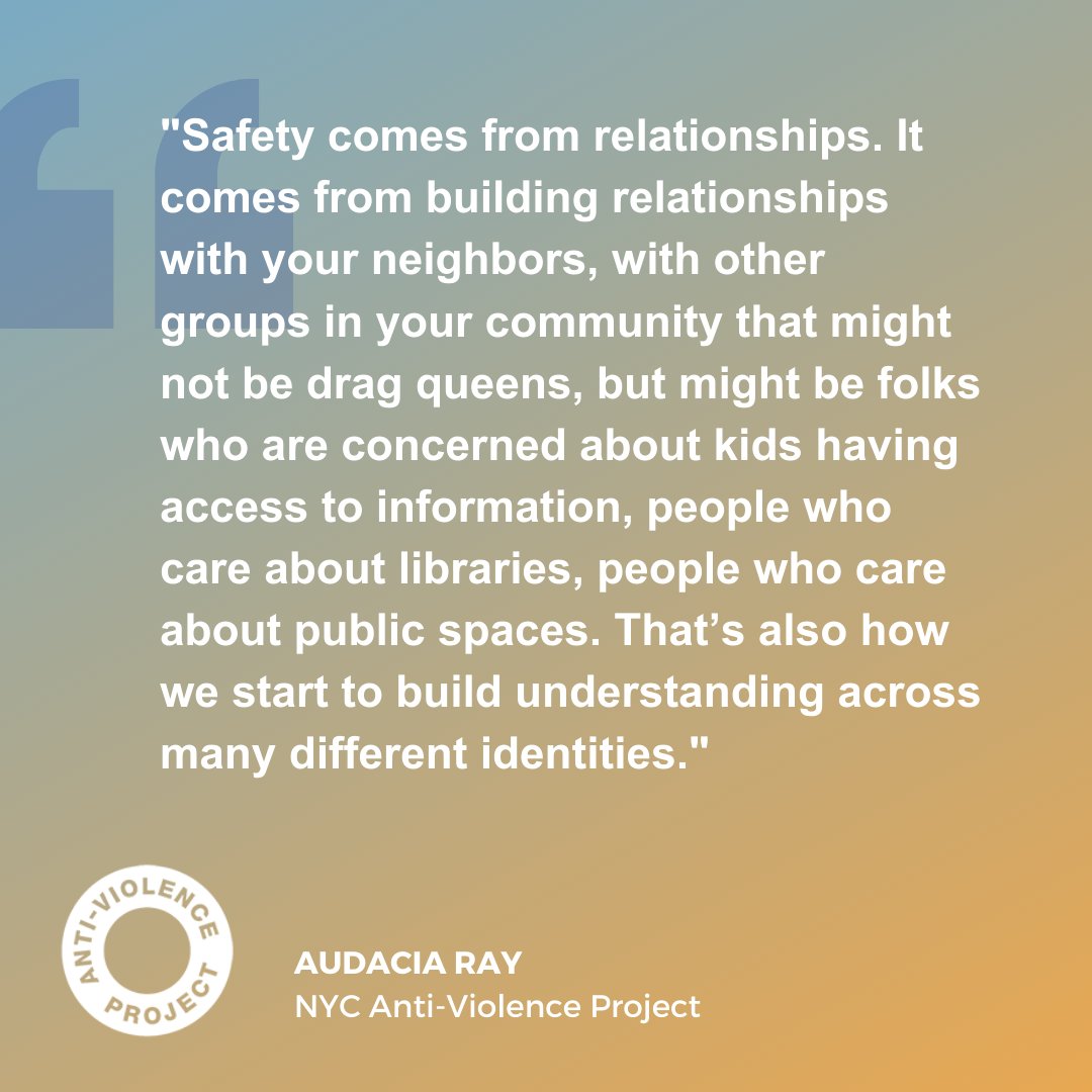 “Safety comes from relationships,” our very own Audacia Ray, Director of Community Organizing and Public Advocacy, told @rollingstone. “It comes from building relationships with your neighbors." 

rollingstone.com/culture/cultur… 

#OurPrideOurSafety