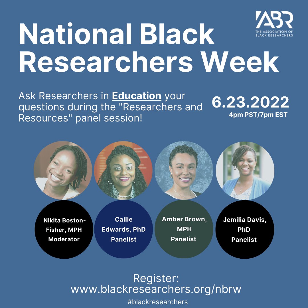 BlkResearcher's tweet photo. Are you a Black student (undergrad to doctoral) interested in hearing lessons learned from other #blackresearchers in the education space? Get your questions answered during our FREE "Researchers and Resources" panel session. Register: https://t.co/COxgaQQYaY 

#nbrw https://t.co/uPJPfm6Bva