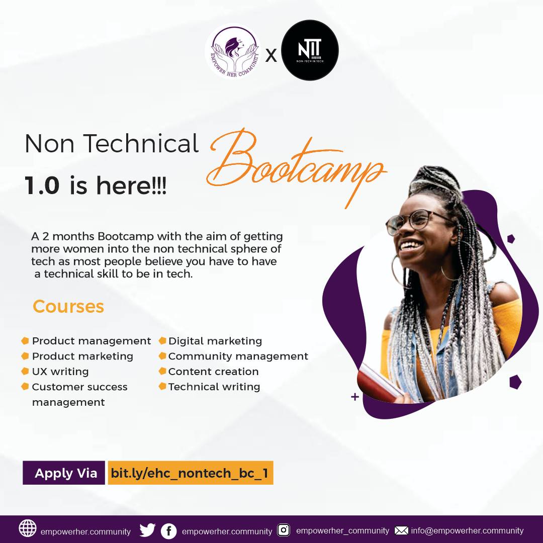 empowerhercom's tweet photo. Hey Techies, here are some points to note about our bootcamp:
1. Females only
2. Completely free
3. Virtual, so distance is not a barrier.
4. Open to females all over the world!

Applied yet? Hurry before it closes🤗
Link in bio.
.
#EHC
#WomenInTech
#EmpoweringWomenInTech https://t.co/062rigkwWA