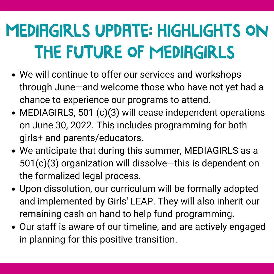 As we dissolve as an organization and have Girls' LEAP absorb our programming, we want to update our community on next steps in this process.