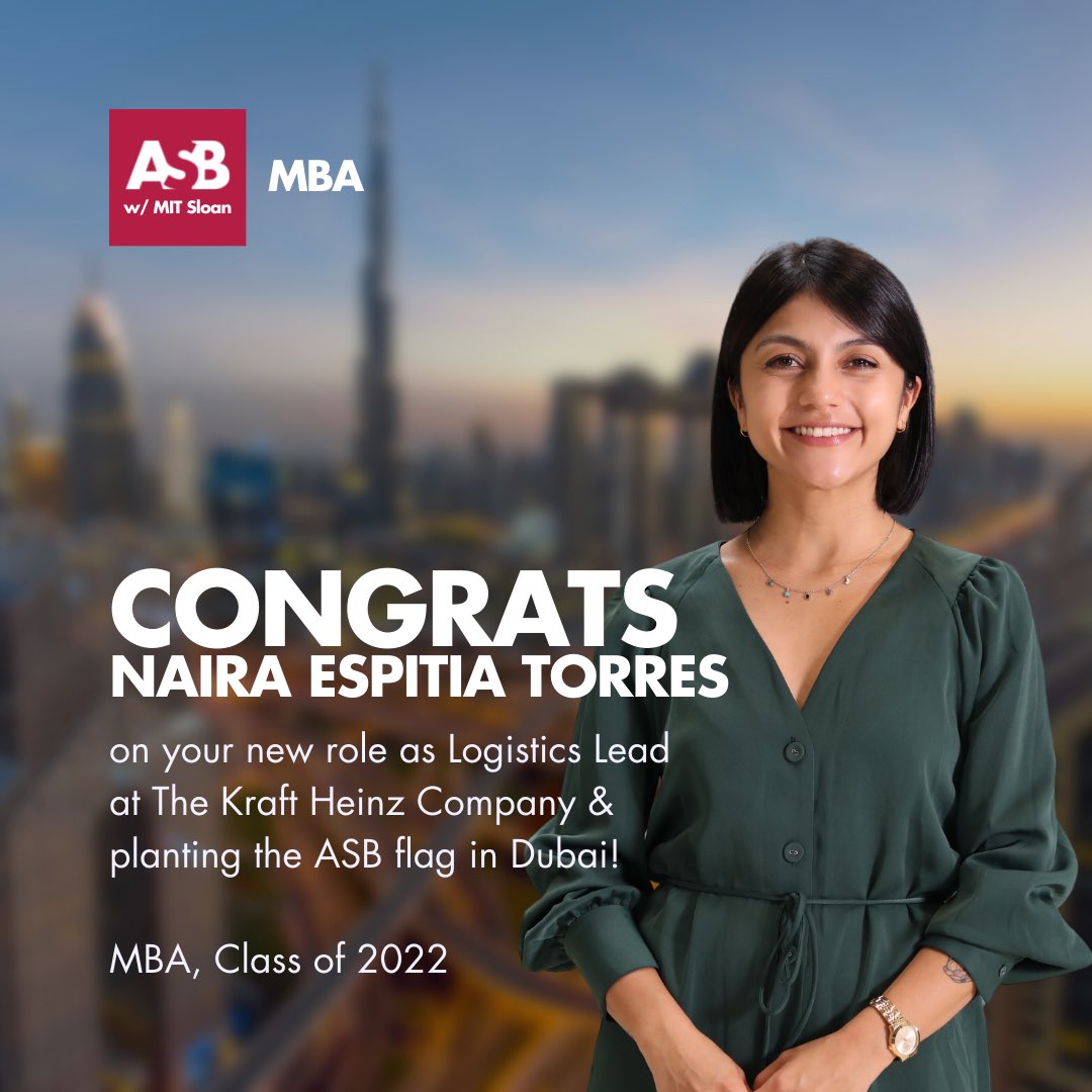 ASBedu_official's tweet photo. With great pride, we'd like to congratulate Naira Espitia Torres on your new role as Logistics Lead at The Kraft Heinz Company and on being the first ASB student to land a graduate role in Dubai!  #thisismyMBA #ASBMBA #smartxsharp #onlyatASB https://t.co/NC6RWn9A4i