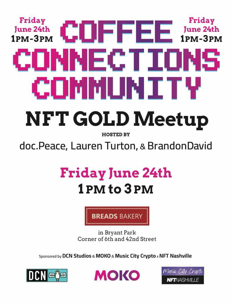 ✨TOMORROW✨ Let's connect at our NFT GOLD Meetup with <a href="/LaurenTurton_/">Lauren Turton</a> <a href="/MusicTechMedia/">BrandonDavid Music Tech Connect</a>
&amp; <a href="/metadocpeace/">DocPeace</a>

ReTweet + follow/tag <a href="/StudioDCN/">DCNstudio.eth (📡,📺)</a> and @streamMOKO for a chance to win up to 2500 DCN tokens + More opps to win irl! 

LFG - Let's Flow GOLD ✨
Register 👇🏾 eventbrite.com/e/372584248517