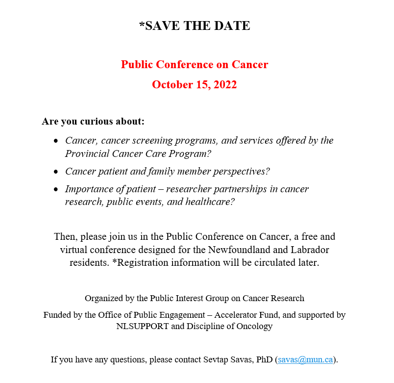 savaslab's tweet photo. SAVE THE DATE

Please RT - thank you!

#PublicConferenceOnCancer

#NewfoundlandANDLabrador https://t.co/jrNtNvU5Bv