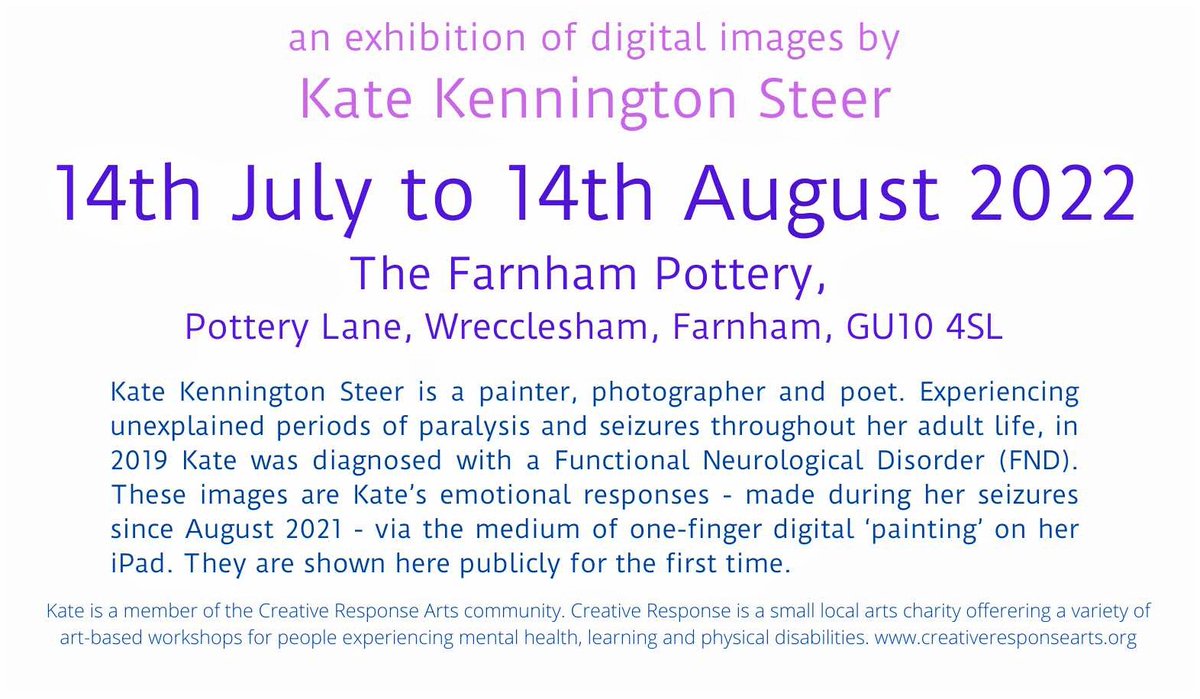 One of our participant's Kate has produced some beautiful pieces over the years at Creative Response and now she is exhibiting her latest digital work 'episodes' at The Farnham Pottery from the 14th July- 14th August so do go along to view and buy her wonderful original art.