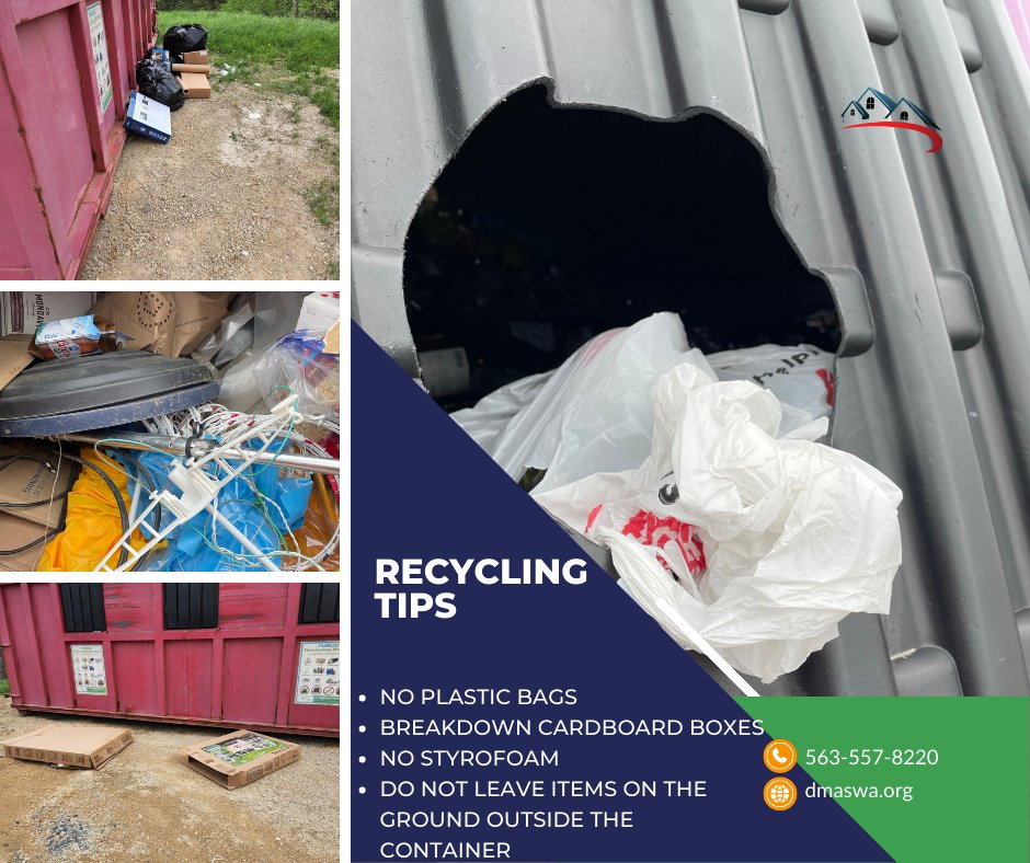 Approximately 25% of all materials intended for recycling is contaminated. Recycling contamination and improper recycling causes items intended to be recycled to end up in the trash instead. 

Not sure if an items can be recycled? Visit dmaswa.org/wastesearch