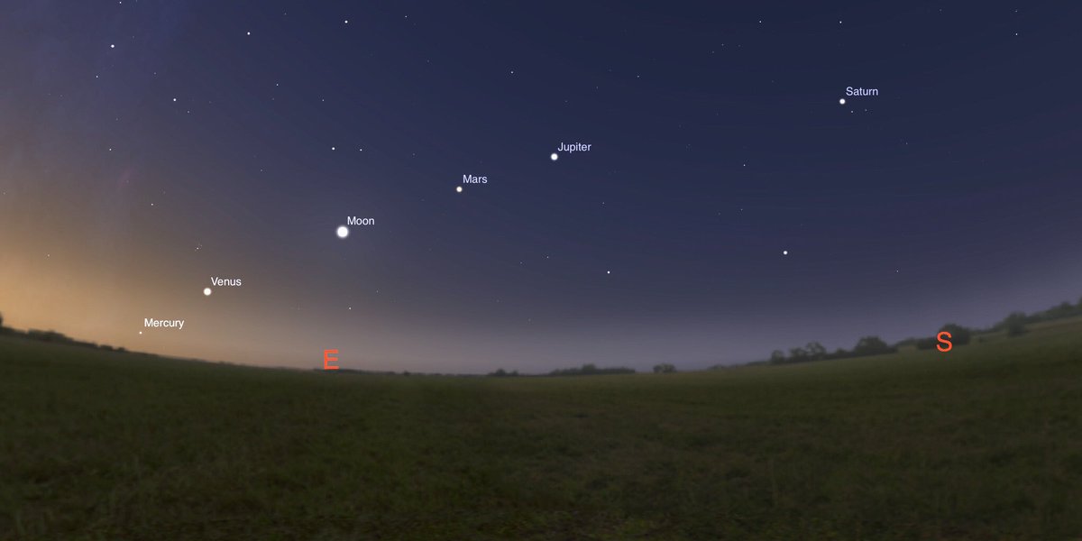 mark_tarello's tweet image. PASS IT ON: A rare sight, don’t miss it! All planets visible to the unaided eye with Mercury, Venus, Mars, Jupiter, Saturn, along with the Moon lined up in the southeast sky Friday morning an hour before sunrise. #Space