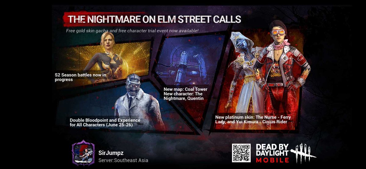 JumpDaBawz's tweet photo. The hit title Dead by Daylight Mobile has finally launched! Free gold skin gacha now available! Download NOW! https://t.co/hoRRdbmzCa