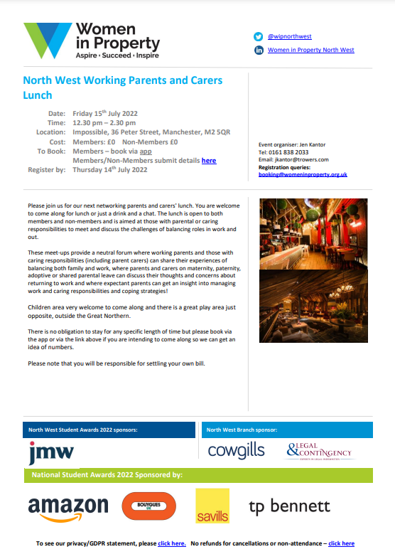 wipnorthwest's tweet photo. 🔷Our next NW Working Parents &amp; Carers Lunch is on Fri 15th July - 12.30pm at @IMPOSSIBLE_Mcr🔷Join us for lunch or just a drink &amp; a chat🍲 🍽 ☕ Open to both #members &amp; #nonmembers &amp; is aimed at those with parental or caring responsibilities.  Book via the #wipapp or website https://t.co/hcyvWvAhIN