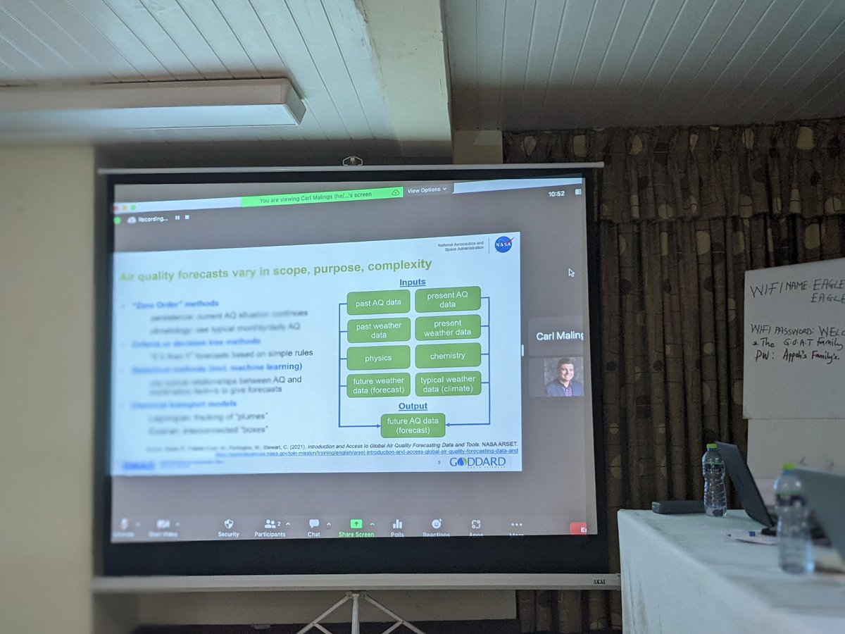 CGHodoli's tweet image. Dr Carl Malings takes us through useful models for air quality forecasting at @EPA_Ghana  In Person Training On Air Quality Modelling And Forecasting by Prof @d_westy. He pointed out 3 main determinants of air quality - emissions, atmospheric processes and meteorology.