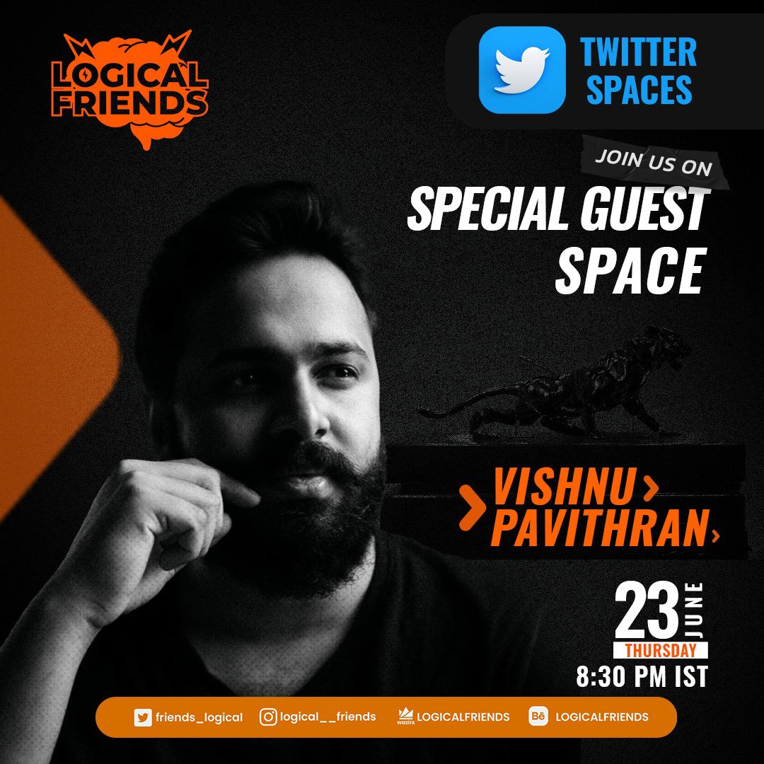 LOGICAL FRIENDS (@friends_logical) on Twitter photo Hear from our very own <a href="/vishnu_pavithrn/">Vishnu Pavithran</a> , one of the finest, and acclaimed Visual Artist. Join us today at 8:30 pm IST to know how his art spread over the years and how it had him explore his journey to NFTs and a lot more
x.com/i/spaces/1LyxB…
#NFTCommunity #nft #nftarti̇st Hear from our very own <a href="/vishnu_pavithrn/">Vishnu Pavithran</a> , one of the finest, and acclaimed Visual Artist. Join us today at 8:30 pm IST to know how his art spread over the years and how it had him explore his journey to NFTs and a lot more
x.com/i/spaces/1LyxB…
#NFTCommunity #nft #nftarti̇st