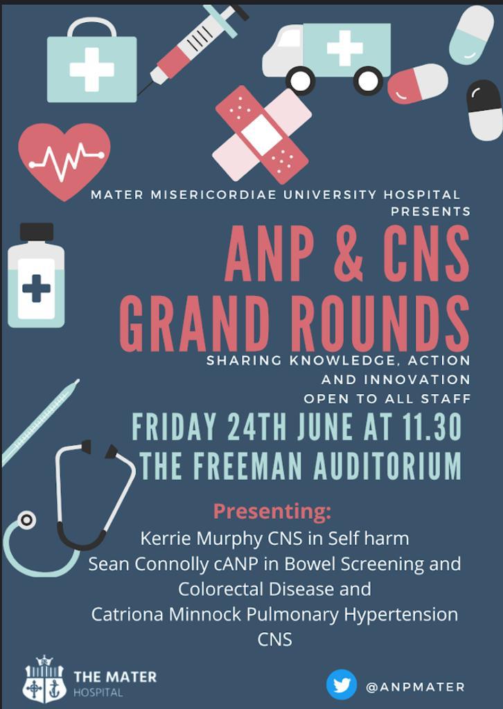 Reminder of ANP &amp; CNS Grand Rounds Tomorrow. Have 3 great speakers lined up. All welcome to attend. <a href="/MaterTrauma/">Mater Hospital Trauma</a> <a href="/Mater_ICU/">Mater ICU</a> <a href="/ThePillarDublin/">The Pillar Dublin</a> <a href="/MaterNursing/">Mater Nursing Team</a>