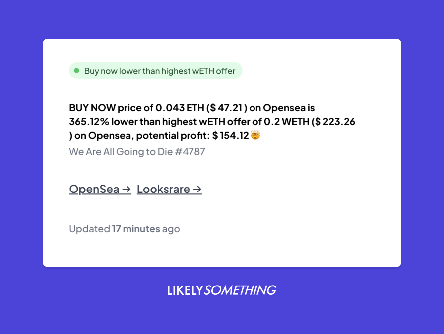 bitinvestigator's tweet photo. $154,12 profit in a split second? This #fatfinger just happend on Opensea. Check @likelysomethin for all possible #nft plays, we discover multiple real-time trading options a day. Are you in for a win? Come and play! https://t.co/K8wHoklPDs