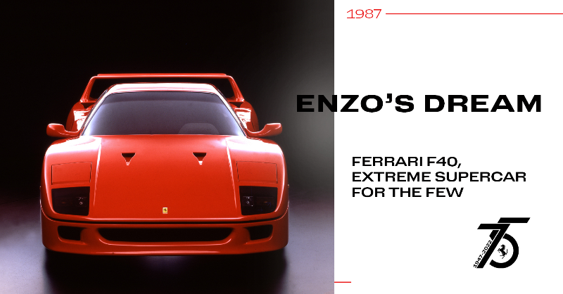 Ferrari's tweet photo. This week’s episode takes us back to 1987, to explore the unparalleled beauty of an extreme supercar: the #FerrariF40, the exact type of car Enzo Ferrari wanted to celebrate the marque’s 40th anniversary.
#Ferrari75 #Ferrari