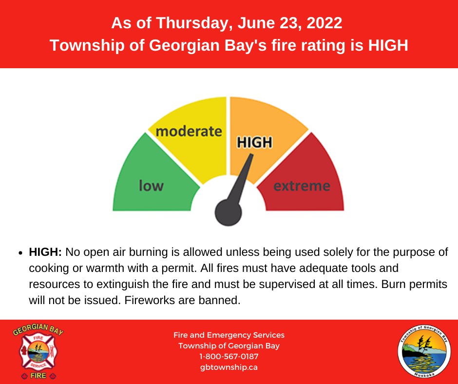 gbtownship's tweet image. Georgian Bay Fire and Emergency Services move fire rating to High as of today, Thursday, June 23, 2022.
#gbfire #georgianbay