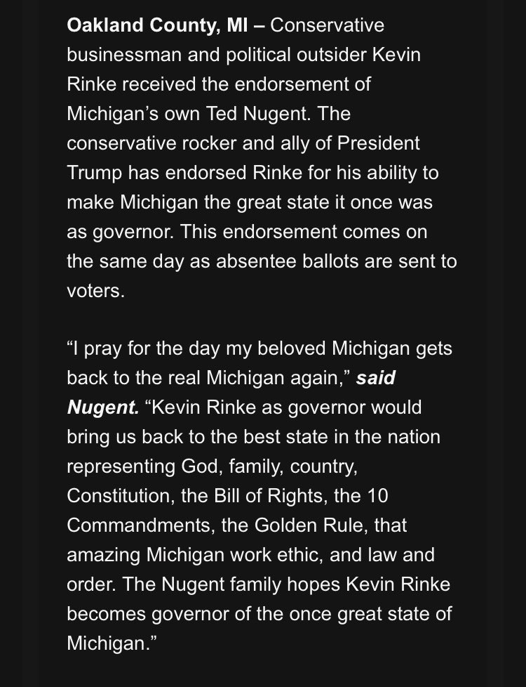 Simon_Schuster's tweet photo. Ted Nugent has endorsed Kevin Rinke for governor.
More on this later today. https://t.co/c6a0pp5VTL