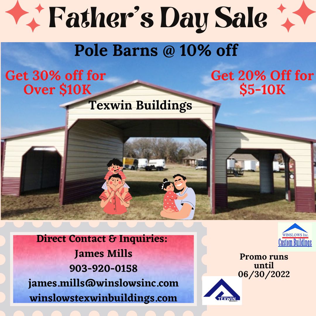 Really in need of Pole Barns and Metal Buildings? We got you! Message us now for free quotations and avail our biggest discounts before it's too late!

#metalgarage #Winslowstexwinbuilding #metalbuildings #competitor #metalbuildinghomes #portablebuilding #sale #fathersdaysale