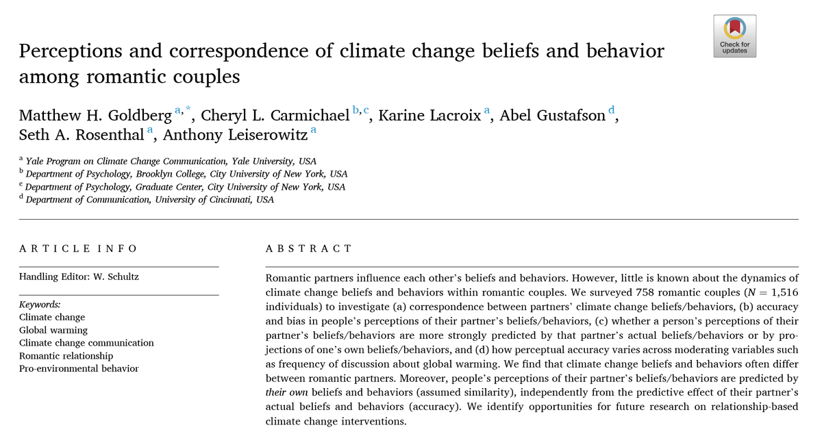 MattGoldberg100's tweet photo. Now published in @JEnvPsych! Climate change beliefs and behavior among romantic couples

https://t.co/ZZh4QYsyzt

Highlights...1/x https://t.co/82Y3I59AQ7