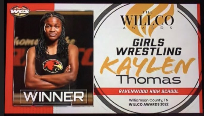 WillCo Female Wrestler of the Year. <a href="/KaylenThomas623/">Kaylen Thomas</a> <a href="/wcsRHSAthletics/">Ravenwood Athletics</a>