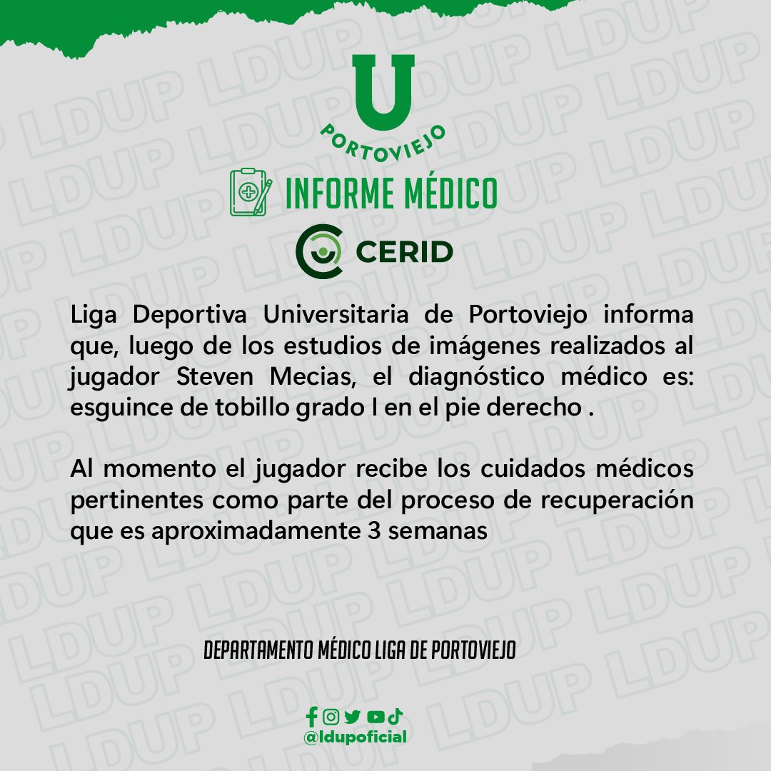 LDUPoficial's tweet photo. Informe médico #Cerid 🩺
🧍Steven Mecias
#InformeMedicoCerid #Cerid #LDUP2022💚🤍 https://t.co/3JbZ3K6uf3