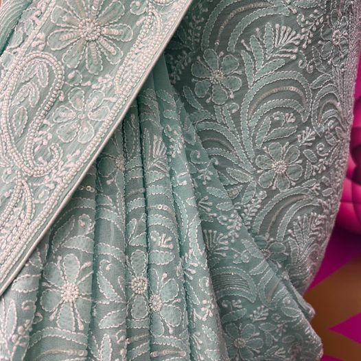 Ada Hand Embroidered Sea Green Pure Georgette Chikankari Saree with White and Clear Embellishments- 01A86680
#AdaChikan #Chikankari #LucknowChikan #Sarees
#LucknowSaree #LakhnaviSari #LucknowiSaree #SareeRoom #SareesofInstagram #InstaSaree
#SareeShopping #IndianClothing