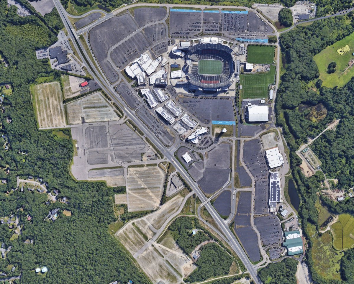 Gillette Stadium located in Foxborough, MA has 213 acres of land dedicated to car storage to watch an event on a 1.32 acre field.