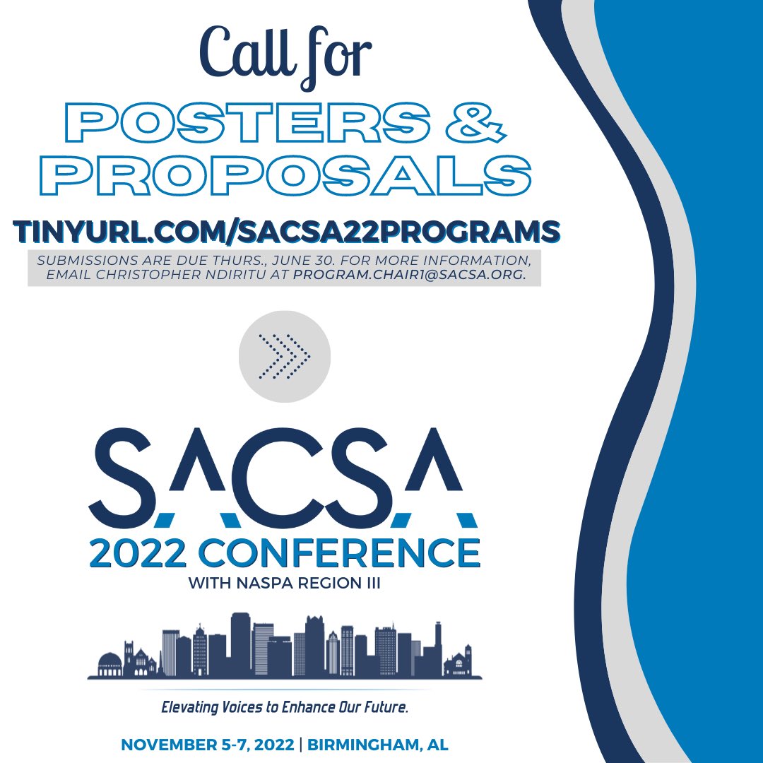 Super excited <a href="/SACSAtweets/">SACSA</a> will be in B-ham this fall! Get in your program proposals and posters by June 30. We can’t wait to see you in November! #SACSA22 #SAPros