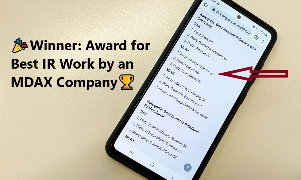 wackerchemie's tweet photo. We win award for best IR work by an MDAX Company +++ 
The rating agency Institutional Investor, the Wirtschaftswoche business weekly, and the German Investor Relations Association (#DIRK) have honored us for our #InvestorRelations work. 

#WCH #DIRKaward @IR_community #IR #MDAX https://t.co/sg4b5AsFHF