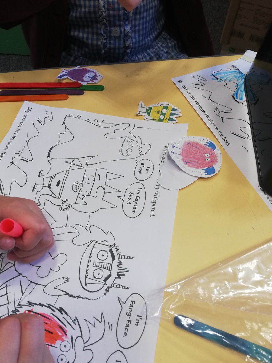 Lunchtime library club at #IrebyCESchool using #Usborne Billy and The Mini Monsters. We colored in our own monsters, made monster puppets and read Monsters go Camping.