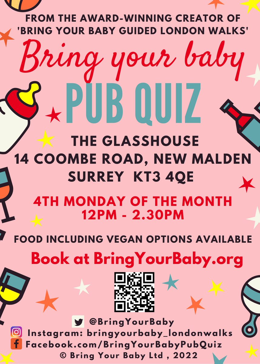 🎉 BRING YOUR BABY PUB QUIZ is @ The Glasshouse, NEW MALDEN next Monday 27th June, 12pm-2.30pm! 🎉
Book at 

#newmalden #newmaldenmums #surbiton #surbitonmums  #kingstonuponthames #kt3 @NewMaldenNews @NewMaldenFocus  @NewMaldenVoices  @lovenewmalden 