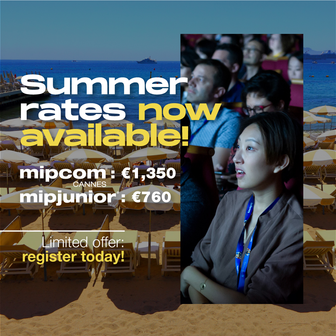 Summer rates for #MIPCOM Cannes &amp; #MIPJUNIOR are now available: €1350 &amp; €760 respectively. Take advantage of our limited offer before it sells out! Details here: ow.ly/IyEe103LmQN.
MIPCOM Cannes will be held 17-20 Oct 2022, MIPJUNIOR 15-16 Oct 2022, #Cannes.