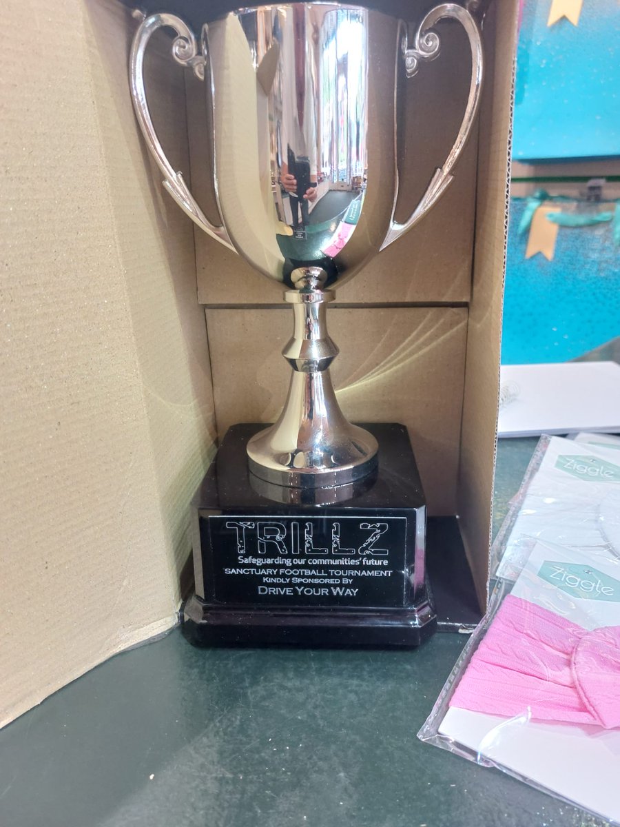 TRILLZCIC's tweet photo. TRILLZ Sanctuary Football ⚽ cup all ready and waiting to be lifted up by the winners on Sunday 26th - 20 teams competing from across England 

#RefugeeWeek2022 
#driveyourway 
#UcanShine 
#wrcfa https://t.co/hcCGelfNdo