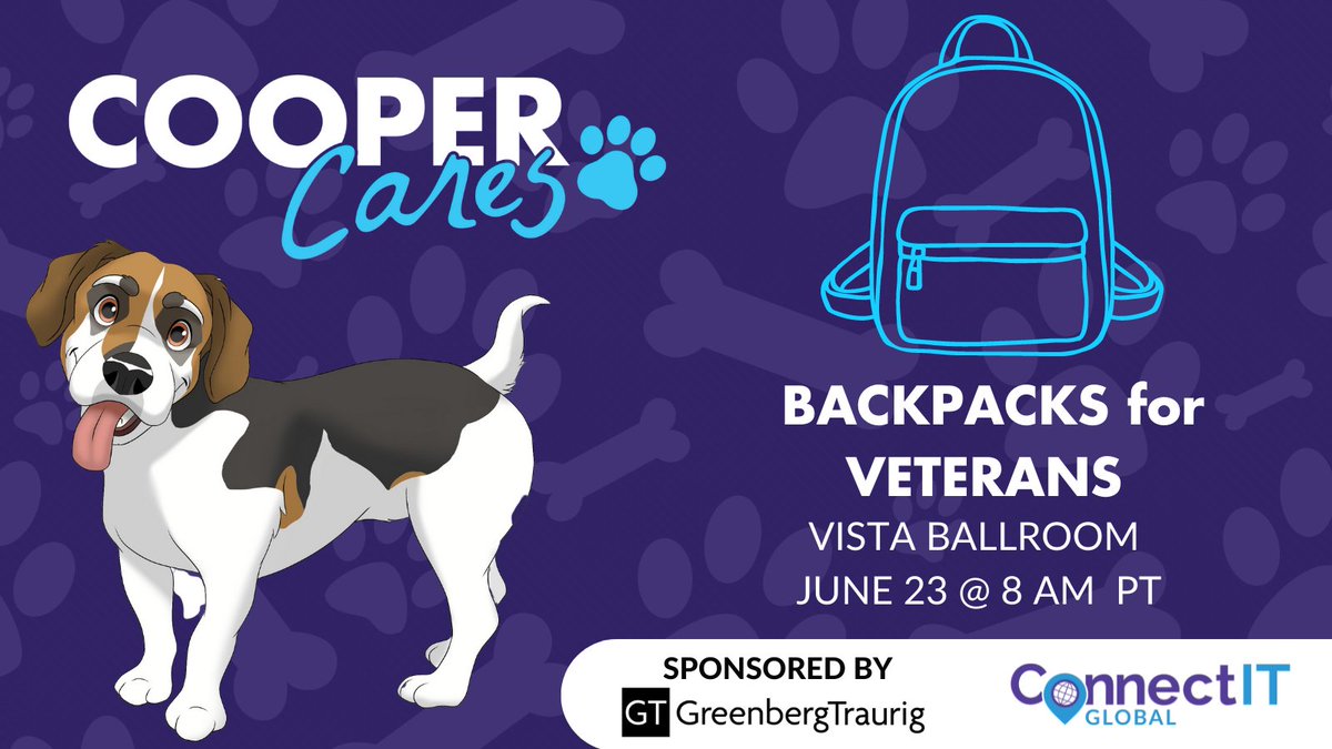 KaseyaCorp's tweet photo. Join Cooper this morning at 8 am in the Vista Ballroom to support homeless veterans in Nevada. Help assemble 400+ backpacks filled with personal items for the Veterans Care Charity. ๐พ #CooperCares #ConnectwithCoop #ConnectIT22 https://t.co/GvpVLiMG0y