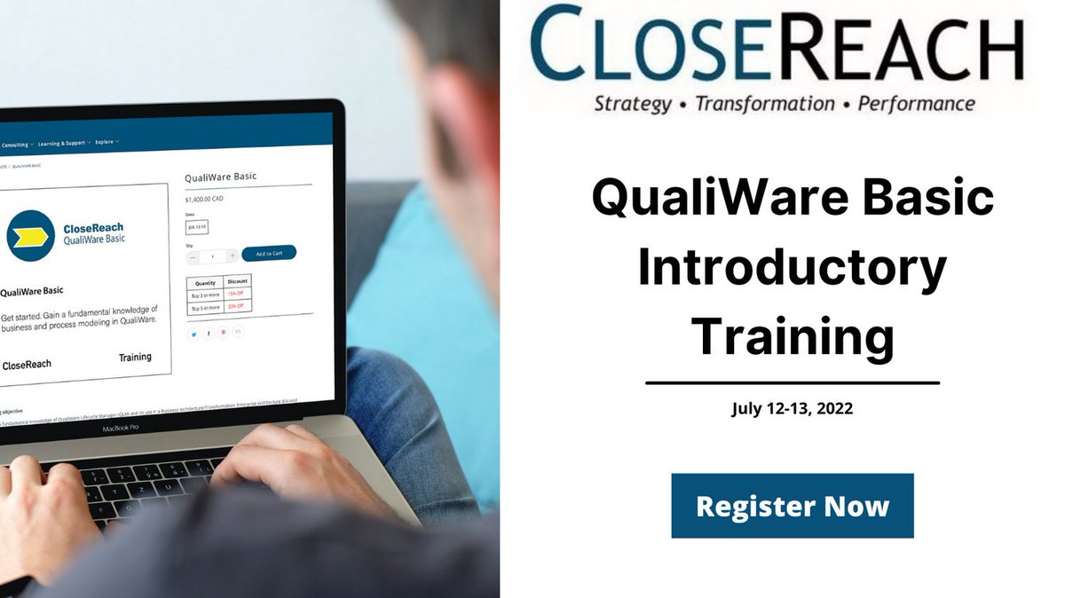 CloseReachLtd's tweet photo. Are you  a new QualiWare user? Join us on July 12-13 for the QualiWare Basic introductory training. This 2-day course will provide new users of QualiWare Lifecycle Manager with the concepts of modeling, and more!
Register now: https://t.co/m9kUGv7zML https://t.co/FObMes1aF7