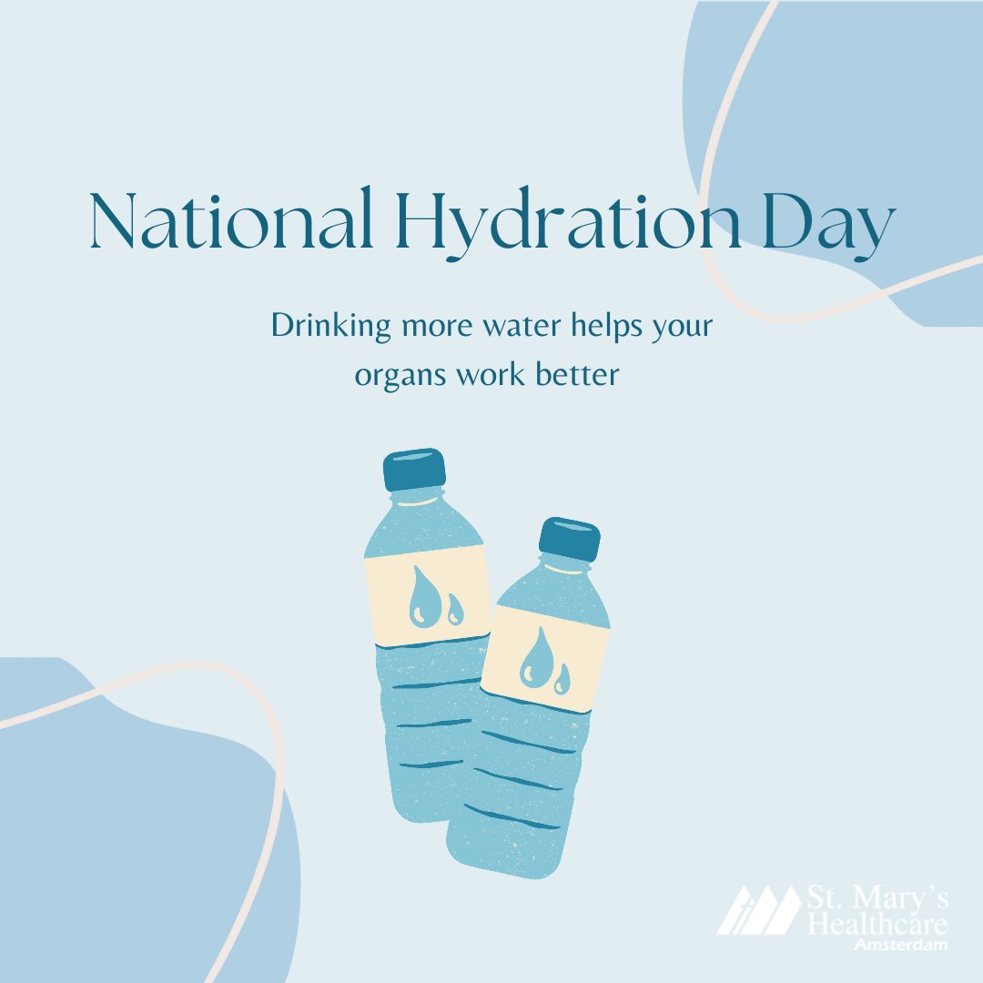 SMHealthcareNY's tweet photo. St. Mary's Healthcare is wishing a very Happy National Hydration Day to everyone. This day reminds each one of us of the importance of staying hydrated! 70% of our body is made of water and water is what we need to stay hydrated and healthy.

https://t.co/5QuFsgyYg7 https://t.co/yo04NaedJg