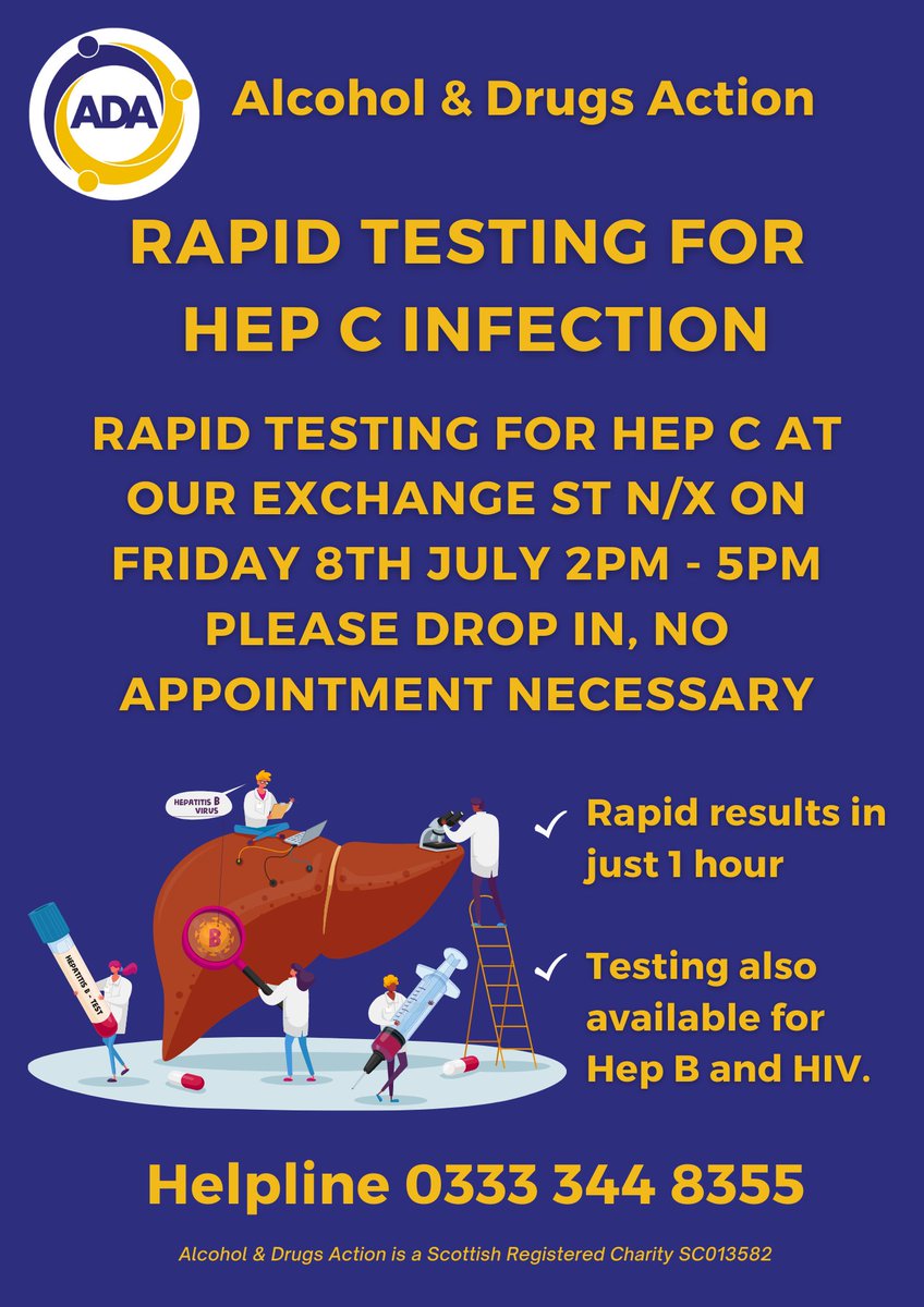 Alcohol&Drugs Action (@alcdrugsaction) on Twitter photo Rapid testing available for Hep C is happening here at our Exchange St N/X on Friday 8th July from 2pm-5pm. Just come along and see us, you don't need an appointment and you will get your results in around an hour!
<a href="/NHSGrampian/">NHS Grampian</a> <a href="/AberdeenADP/">Aberdeen City ADP</a> <a href="/republic_AiR/">Aberdeen in Recovery</a> <a href="/aberdeenfoyer/">Aberdeen Foyer</a> Rapid testing available for Hep C is happening here at our Exchange St N/X on Friday 8th July from 2pm-5pm. Just come along and see us, you don't need an appointment and you will get your results in around an hour!
<a href="/NHSGrampian/">NHS Grampian</a> <a href="/AberdeenADP/">Aberdeen City ADP</a> <a href="/republic_AiR/">Aberdeen in Recovery</a> <a href="/aberdeenfoyer/">Aberdeen Foyer</a>