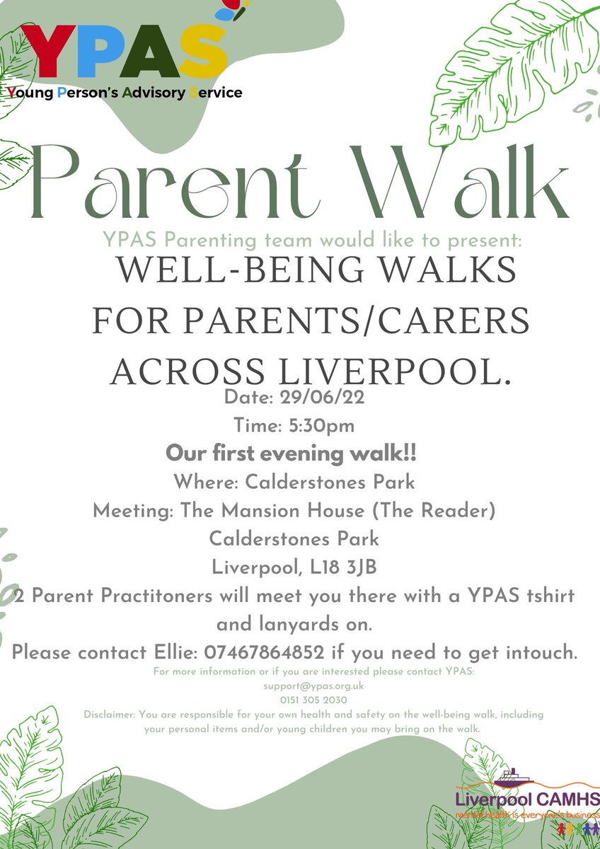 Join us for our first evening Parent Walk next week at Calderstones Park! Bring a friend, colleague or family member.😊🌳 Parenting practitioners from YPAS will be there to meet parents and facilitate the walk. #Walking #Wellbeing #Parenting #Nature #FreshAir