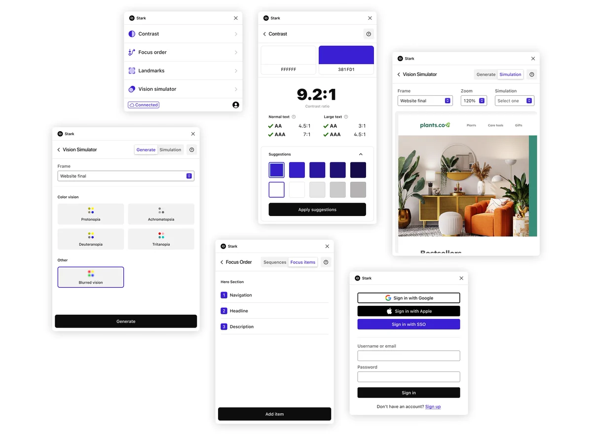 Layout of various Stark interfaces showing all of the tools Stark offers like a vision simulator, overview, smart suggestions for a contrast checker, landmarks, focus order, and the artboard generator.