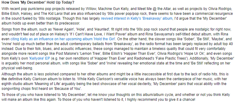 KaylWhale's tweet photo. Given how much @billieeilish fan/stans love her raw, imperfect vocals and intimate style, they should definitely listen to My December by @kellyclarkson .

My December was ahead of its time! #justiceformydecember

Link for listening pleasure: https://t.co/uQjMyNhlMT https://t.co/lQcKAOO7SZ