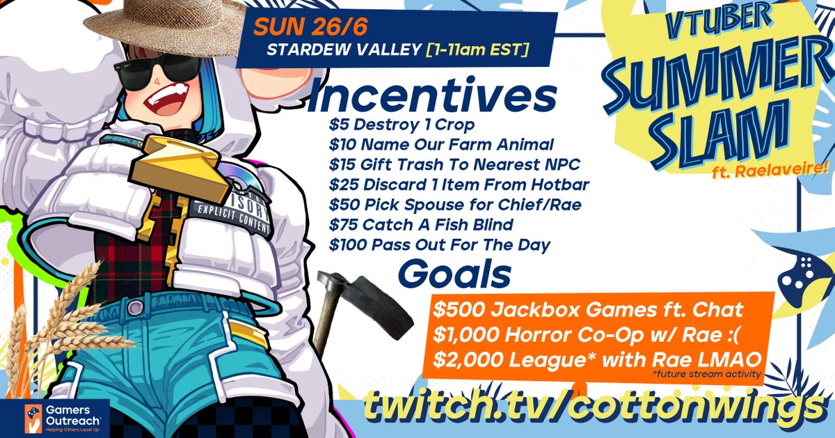🌻Charity Event Details #VTuberSS2022 ⛱

📅JUN 24 &amp; 26
🕕1 - 11am EST

Incentives available as @raelaveire and I draw ourselves in summer fits &amp; play Stardew Valley! Proceeds go to @GamersOutreach to bring gaming to hospitalised children 

Donation &amp; stream links below🔗⬇ https://t.co/6nKbGu5rBt 