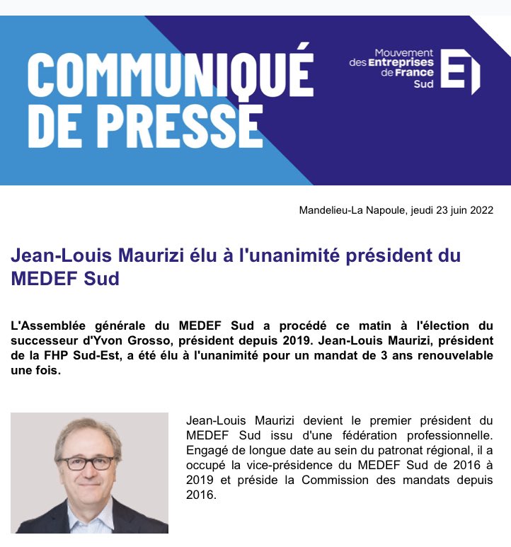 Jean-Louis #Maurizi élu à l'unanimité président du <a href="/MEDEF_Sud/">Mouvement des Entreprises de France Sud</a> !
👉 Notre communiqué de presse à lire sur notre site internet : medefsud.com/fr/actualite/j…