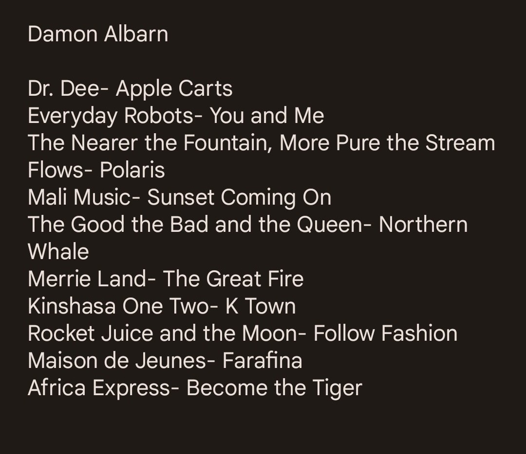 karalwoods's tweet photo. My favorite Damon Albarn tracks
#blur #damonalbarn #gorillaz #thegoodthebadandthequeen #rocketjuiceandthemoon #africaexpress #malimusic #drdee https://t.co/JXP8K2SR5c